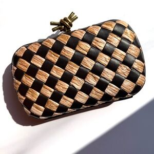 New Bottega Veneta Knot Minaudière Woven Intrecciato Straw Raffia Leather Clutch